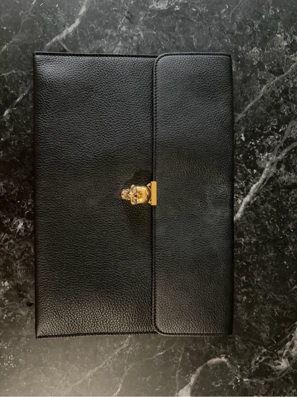 Alexander McQueen Black Leather Skull-Embellished Clutch with Gold Hardware